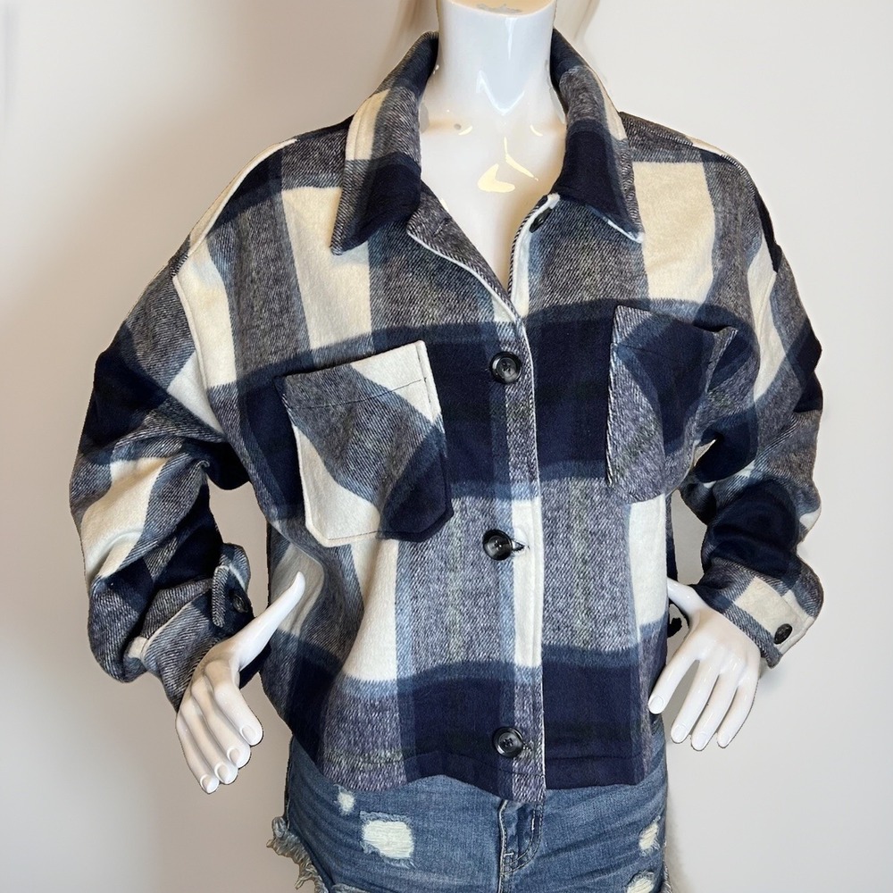 🌸Ashley by 26 International Outerwear blue white plaid cropped Jacket 3x